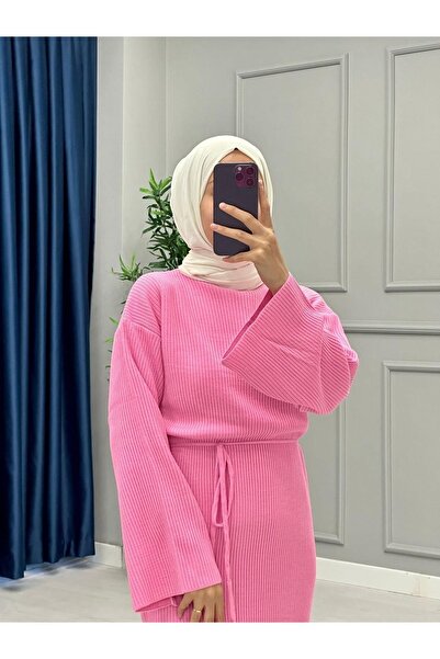 MY QILAM Triko Uzun Elbise Yarasa Kol Tesettür Elbise Pempe Standart Beden (36/44 Arasi)