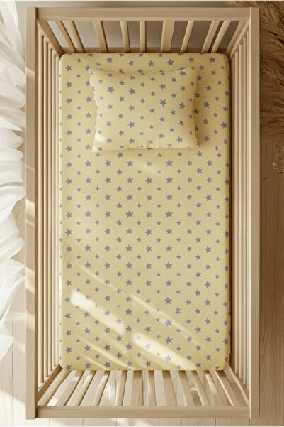 pistore طقم ملاءات سرير مطاطية من القطن بنسبة 100% - نمط نجمة رمادية صفراء لسرير بارك 70x120 35x45