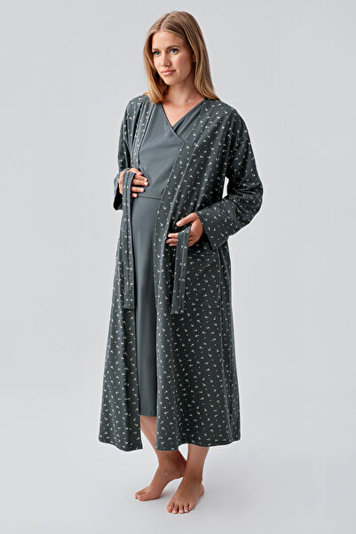 Artış Long Sleeve Patterned Stretchy Cotton Maternity Dressing Gown Nightgown Set