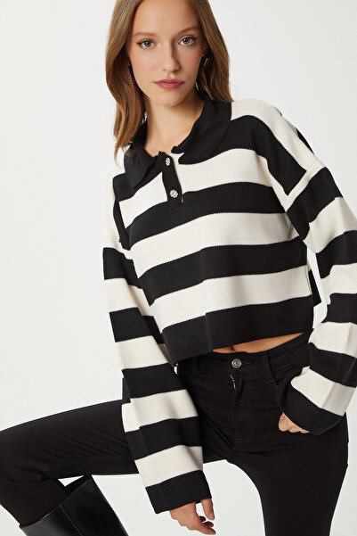 Lovelyİstanbul Şık Düğmeli Yaka Çizgili Crop Triko Kazak Siyah Krem Lbv0020