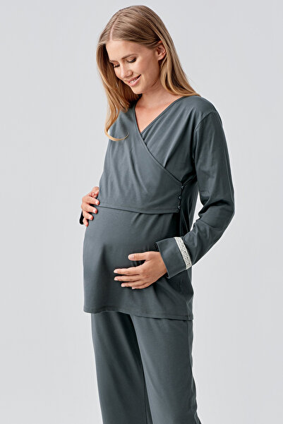 Artış Uzun Kollu Desenli Esnek Pamuklu Hamile Sabahlık Pijama Takım