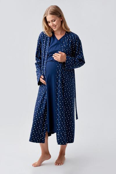 Artış Long Sleeve Patterned Stretchy Cotton Maternity Dressing Gown Nightgown Set