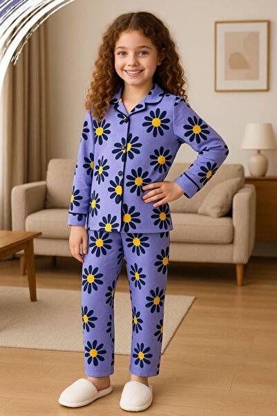 Nex Moda Çiçek Desenli Mor Kız Çocuk Pijama Takımı