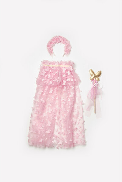 Le Mabelle Pembe  Kelebek Aplikeli Kız Çocuk Pelerin Asa Taç Set