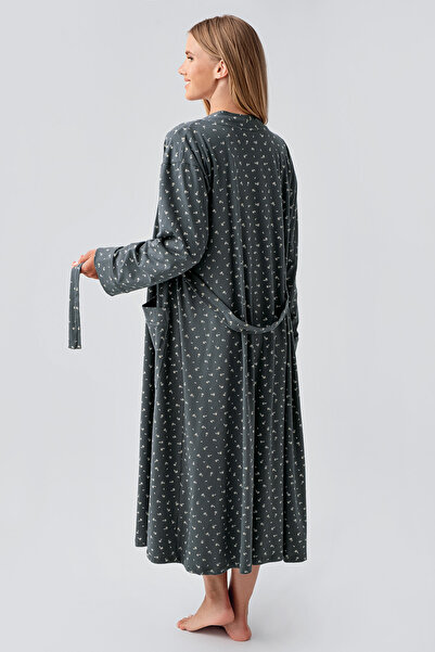 Artış Long Sleeve Patterned Stretchy Cotton Maternity Dressing Gown Nightgown Set