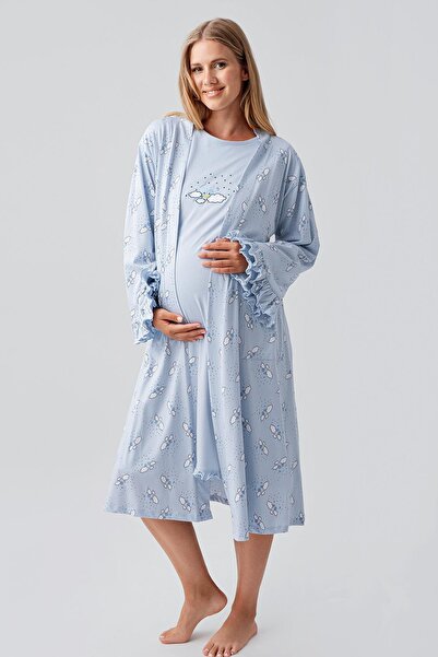 Artış Long Sleeve Patterned Stretchy Cotton Maternity Dressing Gown Nightgown Set