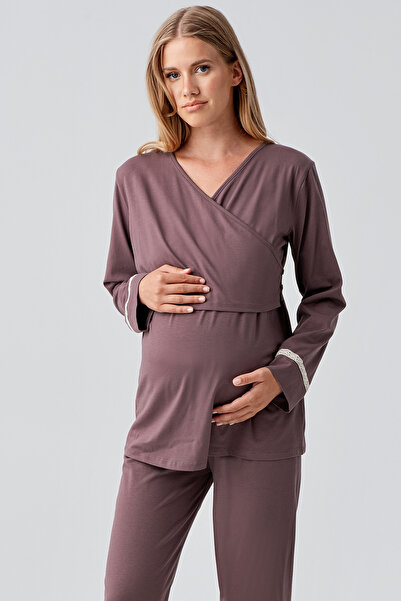 Artış Long Sleeve Patterned Stretchy Cotton Maternity Dressing Gown Pajama Set