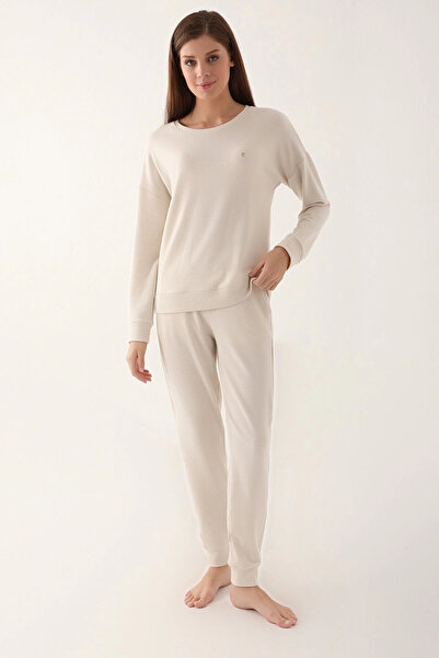 Pierre Cardin Small Coat Of Arms Krem Kadın Uzun Kol Pijama Takım