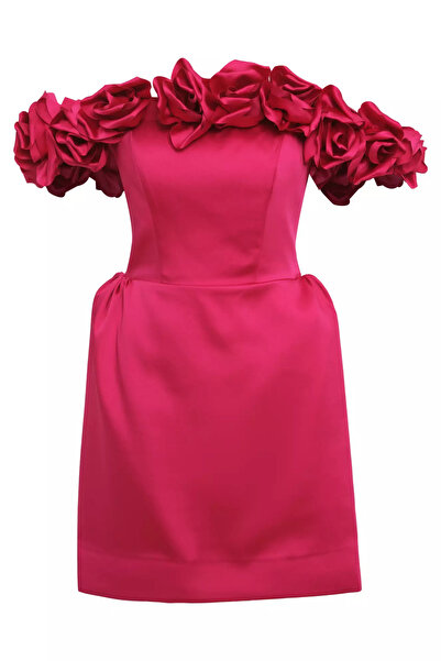 Keikei Fuşya saten kolsuz kısa elbise