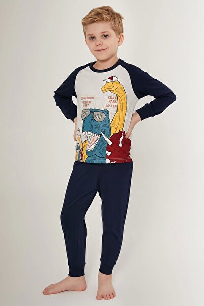 Rolypoly Downtown Freway Beyaz Lacivert Erkek Çocuk Uzun Kol Pijama Takım