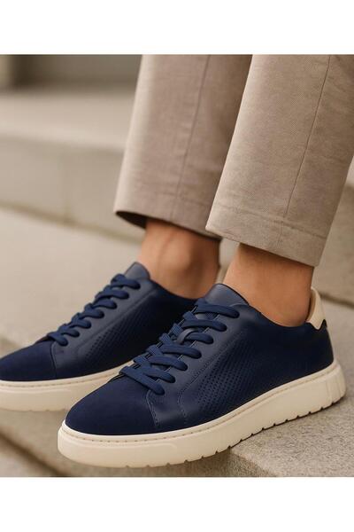 MEEGORA Men's Navy Blue Genuine Leather & Suede Sneaker