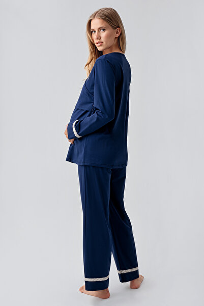 Artış Long Sleeve Patterned Stretchy Cotton Maternity Dressing Gown Pajama Set