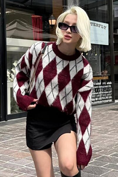 Madmext Pulover burgundă cu decolteu în formă de trapez cu model de diamante Mg2493