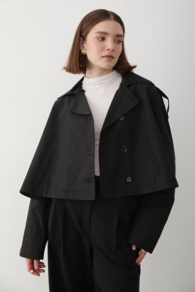 JASTE Kadın Siyah Kruvaze Yaka Trençkot