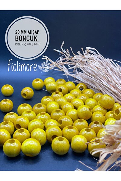 Fiolimore 20 mm Sarı Ahşap Boncuk (50 Gr 23 Adet)Geniş Delik Çapı 7 mm Makrom...