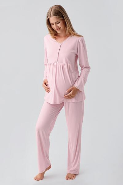 Artış Long Sleeve Buttoned Stretchy Viscose Maternity Dressing Gown Pajamas Set