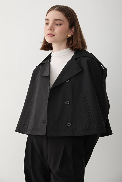 JASTE Kadın Siyah Kruvaze Yaka Trençkot