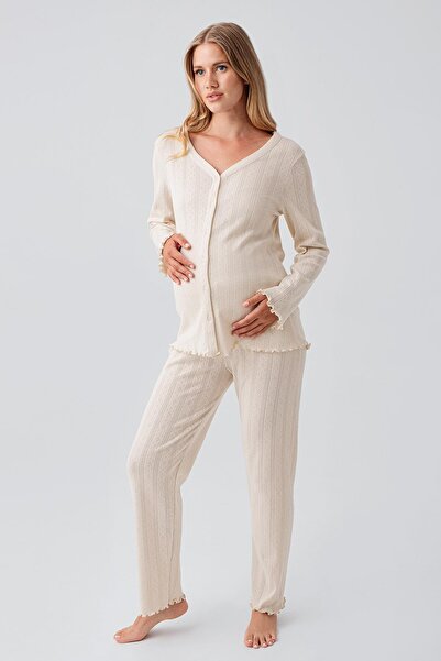 Artış Long Sleeve Openwork Buttoned Stretchy Cotton Maternity Pajamas Set