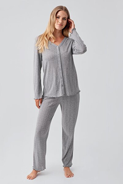 Artış Long Sleeve Openwork Buttoned Stretchy Cotton Maternity Pajamas Set