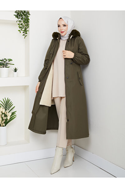 RACE FASHİON Bondit Coat with Hood, Elastic Waist and Fur Lining for Modest Wear Rc1205002