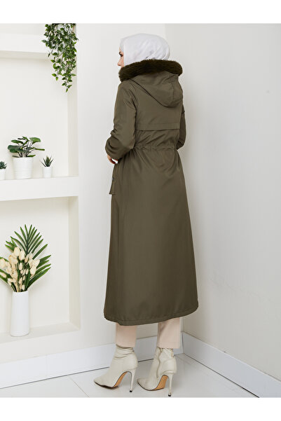 RACE FASHİON Tesettürlü Belden Lastikli İçi Kürklü Kapşonlu Bondit Mont RC1205002