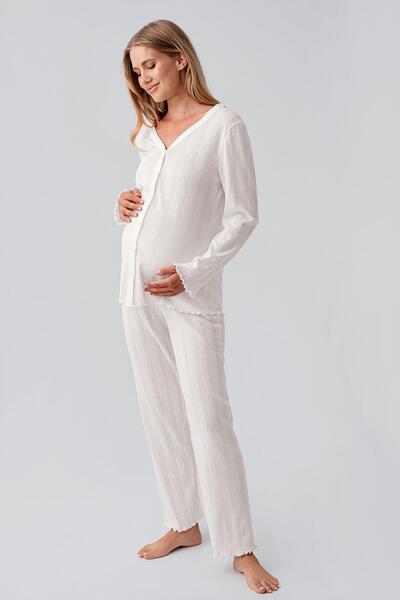 Artış Long Sleeve Openwork Buttoned Stretchy Cotton Maternity Pajamas Set