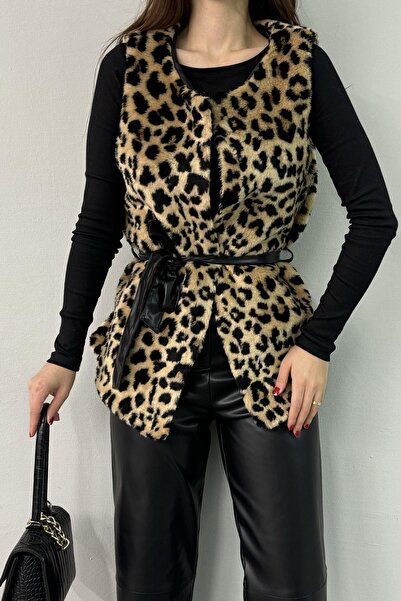lizge giyim Leopard Fur Vest with Waist Birds