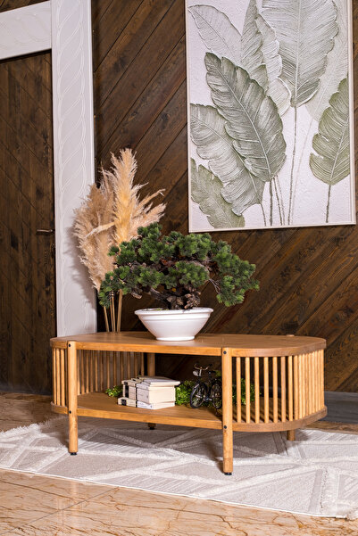 woodbaba Masif Ahşap Orta Sehpa Açık Ceviz 114x60 cm Oval Çıtalı Modern Salon...
