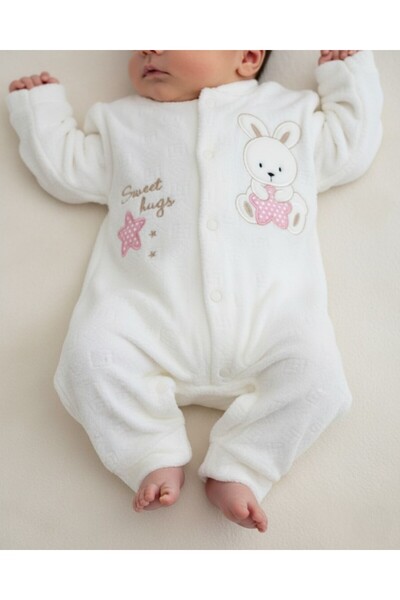 Ege Bebek Baby Girl Winter Rabbit Patterned 100% Cotton 0-1-3-6 Months Velvet Snap-On Jumpsuit White