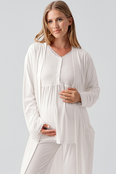 Artış Uzun Kollu Düğmeli Esnek Viskoz Hamile Sabahlık Pijama Takım