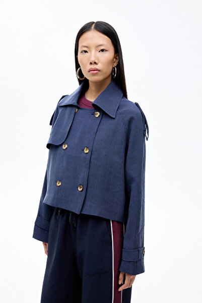 Quzu Double Buttoned Double Breasted Collar Short Trench Coat Navy Blue