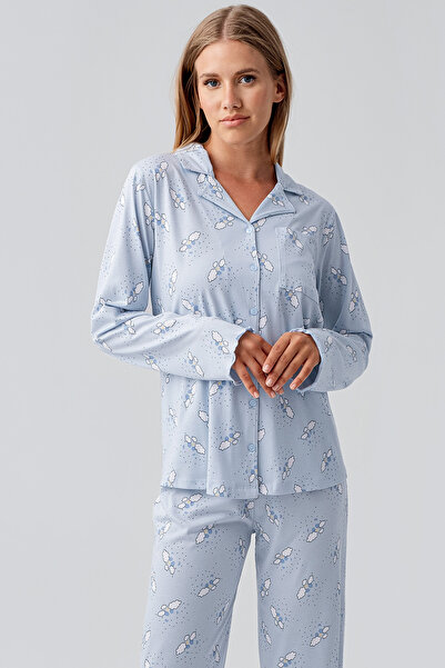 Artış Long Sleeve Patterned Buttoned Flexible Cotton Maternity Pajama Set