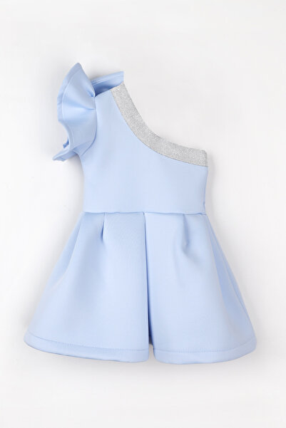 Le Mabelle Μπλε βολάν φόρεμα για κορίτσια με έναν ώμο με λεπτομέρεια φιόγκου - Mildred