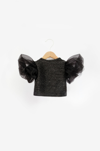 Le Mabelle Girl's Black Crop - Tulle Sleeves and Glitter Detail