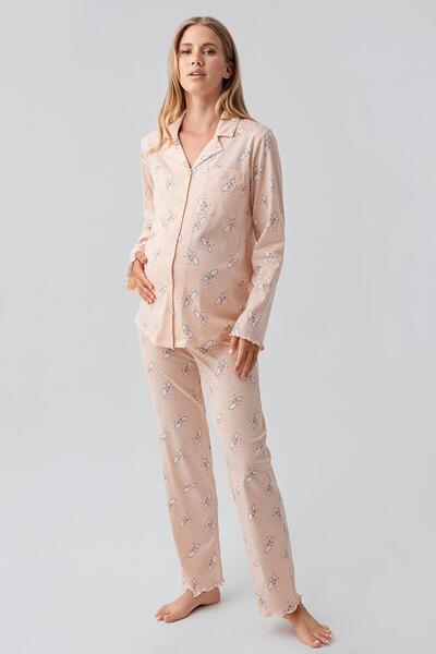 Artış Long Sleeve Patterned Buttoned Flexible Cotton Maternity Pajama Set