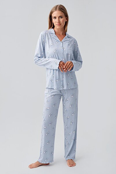 Artış Long Sleeve Patterned Buttoned Flexible Cotton Maternity Pajama Set