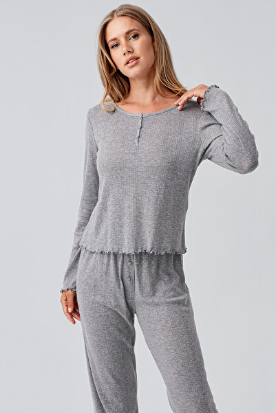 Artış Long Sleeve Openwork Buttoned Stretchy Cotton Pajama Set