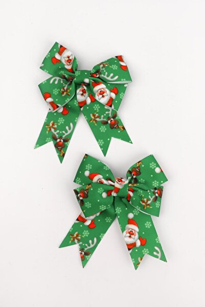 Le Mabelle Green Santa Claus Patterned 2-Piece Girl's Bow Clip Buckle