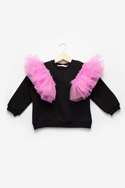 Le Mabelle Siyah  Omuzları Tül Detaylı Kız Çocuk Eşofman Takımı - Malory