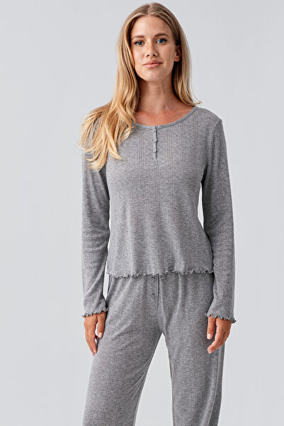 Artış Long Sleeve Openwork Buttoned Stretchy Cotton Pajama Set