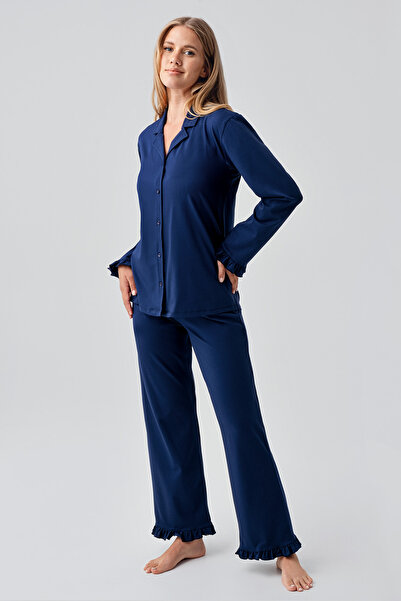 Artış Long Sleeve Buttoned Flexible Cotton Pajama Set