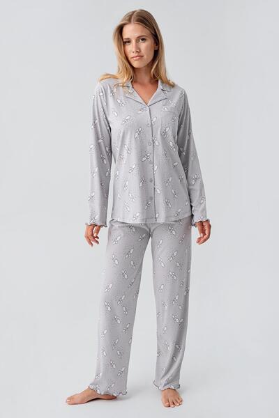Artış Long Sleeve Patterned Buttoned Flexible Cotton Maternity Pajama Set