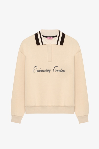 Quzu Text Embroidered Striped Polo Neck Oversize Sweatshirt Beige