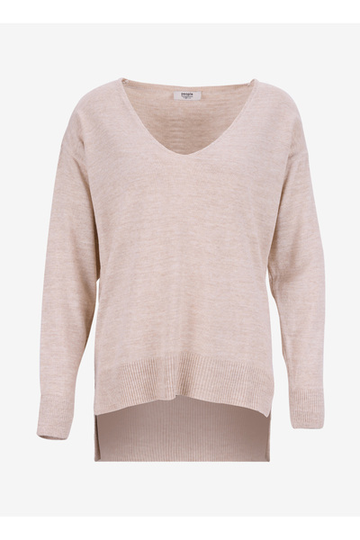 People By Fabrika V Yaka Loose Fit Düz Bej Kazak Kadın PBF5WL-KZK9519