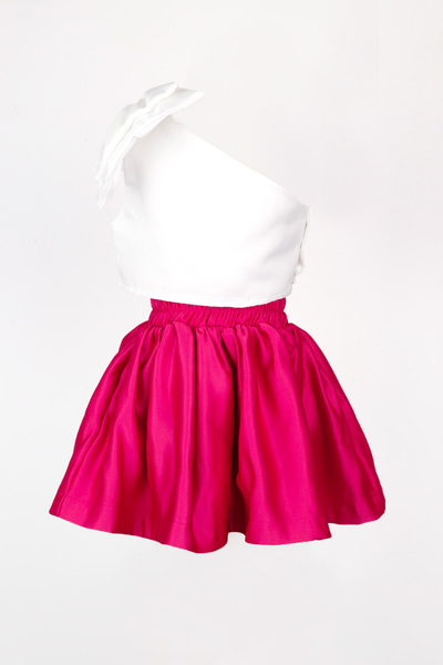Le Mabelle Fuchsia One-Shoulder Bow Detailed Skirt Crop Girl's Double Set - Luisa
