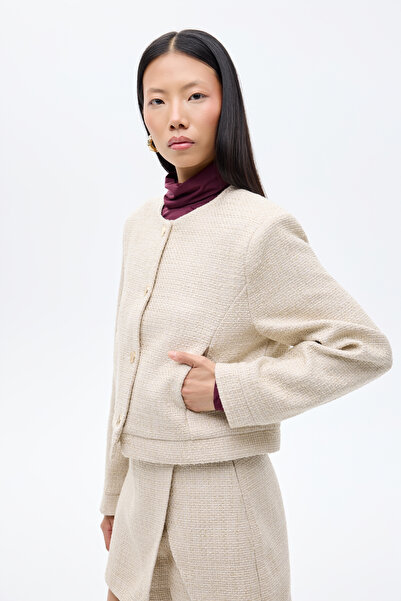 Quzu Στρογγυλό πέτο με κουμπιά Tweed Jacket Μπεζ