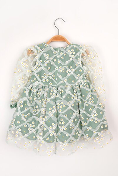 Le Mabelle Yeşil Uzun Kollu Papatyalı Tül Detaylı Kız Çocuk Elbise - Hera