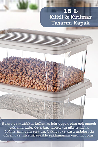 MOİ 2'li Mega 15L Un Bakliyat Erzak Kabı - Kilitli Kapaklı Banyo Düzenleyici Deterjanlık Saklama Kutusu