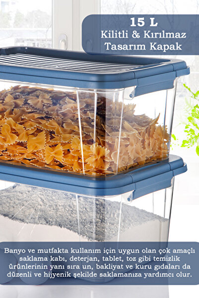 MOİ 2'li Mega 15L Un Bakliyat Erzak Kabı - Kilitli Kapaklı Banyo Düzenleyici Deterjanlık Saklama Kutusu