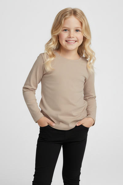 MK Mukko Kids Kız Erkek Çocuk Bej Renkli Basic Mevsimlik Uzun Kollu T-shirt
